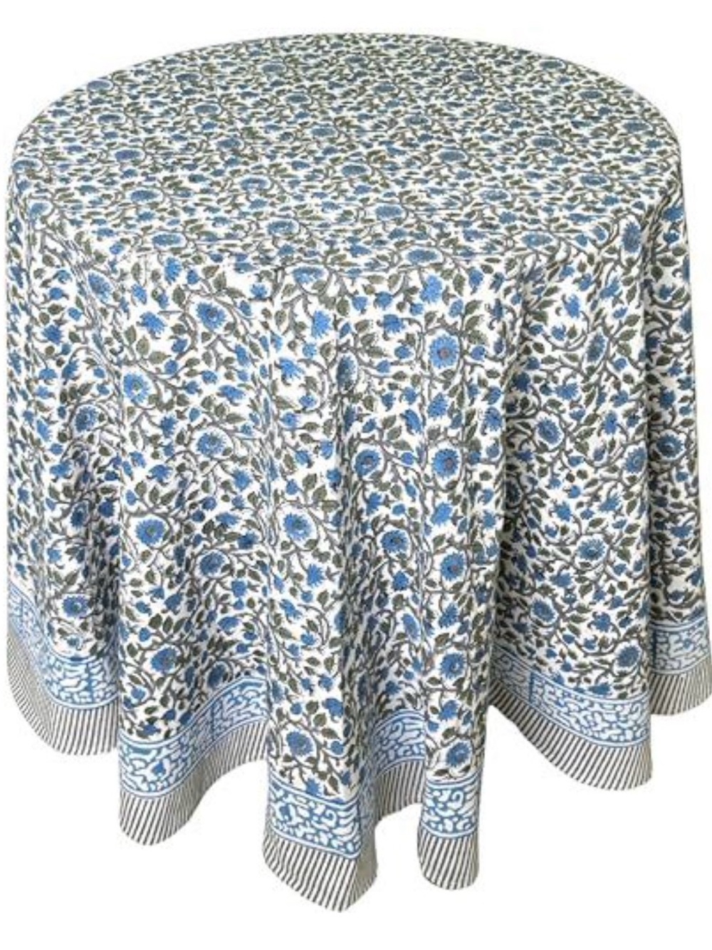 Blue and White Floral Round Tablecloth with Border
